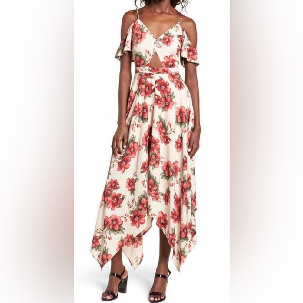 Cold Shoulder Midi Red Floral Dress with Handkerchief Hem - Fun and Flirty!